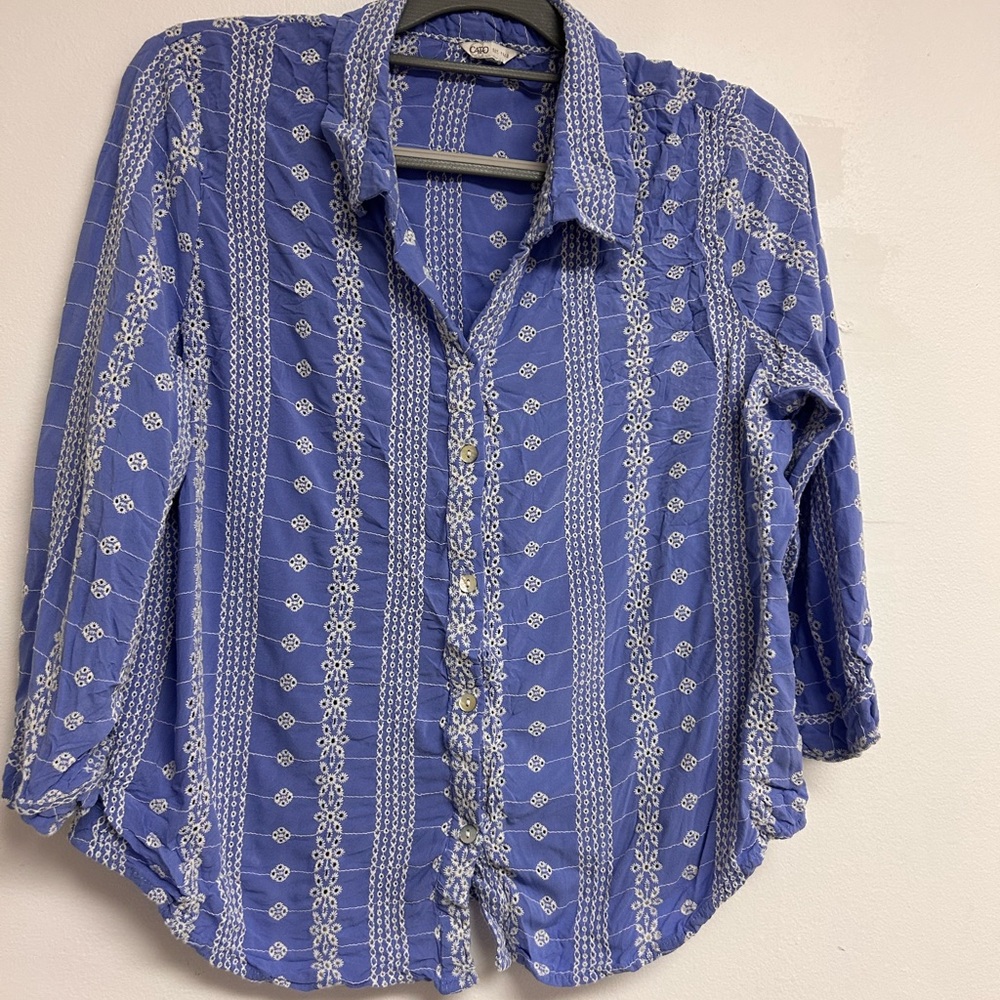 Cato Blue and White 3/4 Sleeve Button Down Shirt